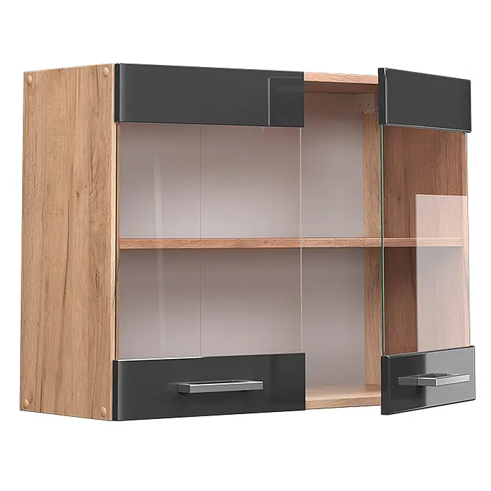 Vicco Schrankküche R-Line Anthrazit Hochglanz - Breite: 80 cm, Anthrazit Hochglanz, Hängeglasschrank 80 cm - Wandhängender Schrank in Eichenoptik mit dunkelgrauen Paneelen und Glastüren, eine offen, mit Innenregal.