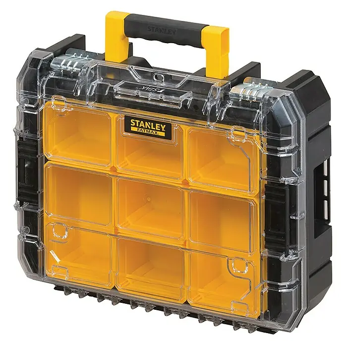 Stanley FatMax Caja profesional con ruedas FMST1-80103 - L x An x Al: 51,2 x 43,5 x 70,8 cm, 14 l, Polipropileno - Caja organizadora Stanley Fatmax con tapa transparente y compartimentos amarillos, ideal para taller o hobby.