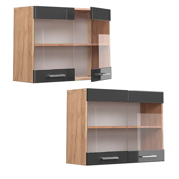 Vicco Schrankküche R-Line Anthrazit Hochglanz - Breite: 80 cm, Anthrazit Hochglanz, Hängeglasschrank 80 cm - Moderne Wandschränke mit Eichen-Effekt-Rahmen, dunkelgrauen Paneelen, Glastüren und Griffen.