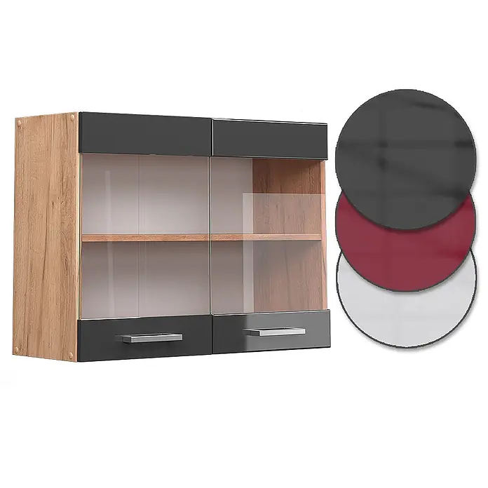 Vicco Schrankküche R-Line Anthrazit Hochglanz - Breite: 80 cm, Anthrazit Hochglanz, Hängeglasschrank 80 cm - Wandhängeschrank mit Holzoptik-Seiten, dunkelgrauen Paneelen, Glastüren und Farbmustern (Dunkelgrau, Bordeaux, Weiß).