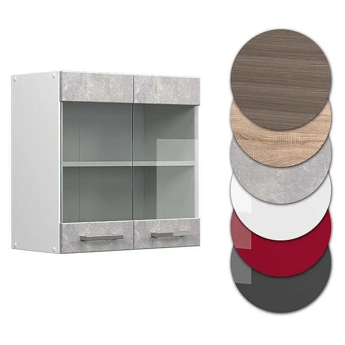Vicco Schrankküche R-Line Beton - Beton, Hängeglasschrank 60 cm - Weißer Wandschrank mit zwei Glastüren, zwei Schubladen in Betonoptik und Materialmustern.