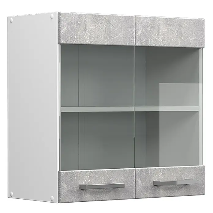 Vicco Schrankküche R-Line Beton - Beton, Hängeglasschrank 60 cm - Weißer Wandschrank mit grauer Beton-Optik-Front, Glastüren, Innenablage und zwei Schubladen mit Metallgriffen.