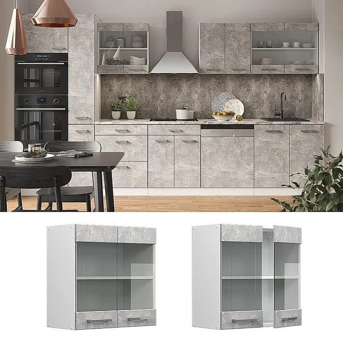 Vicco Schrankküche R-Line Beton - Beton, Hängeglasschrank 60 cm - Hängeschrank mit hellgrauem Korpus, Beton-Effekt Ober-/Unterseiten und zwei Glastüren, eine offen.