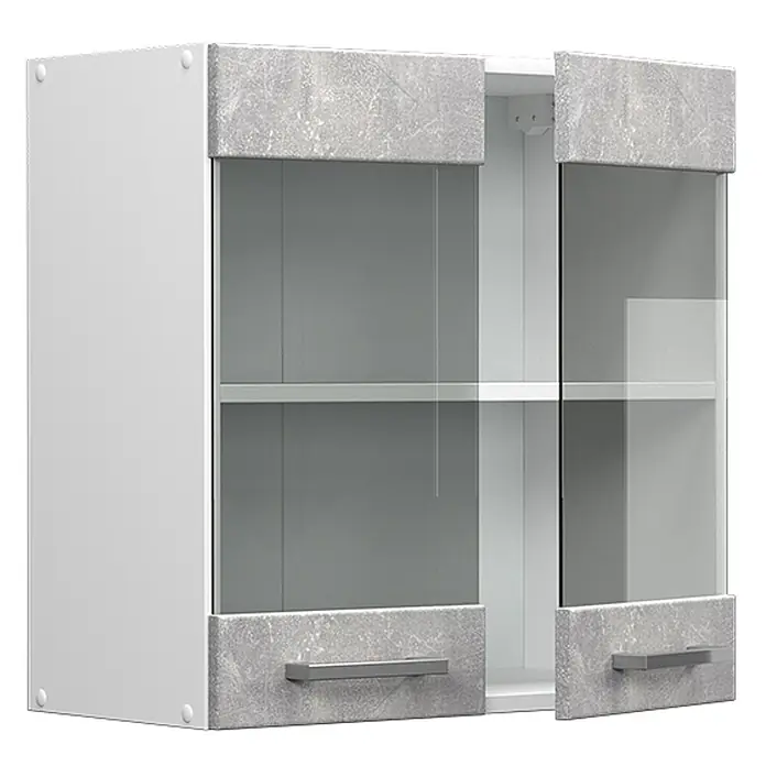 Vicco Schrankküche R-Line Beton - Beton, Hängeglasschrank 60 cm - Weißer Hängeschrank mit zwei Glastüren, grauen Stein-Effekt-Paneelen und Metallgriffen.