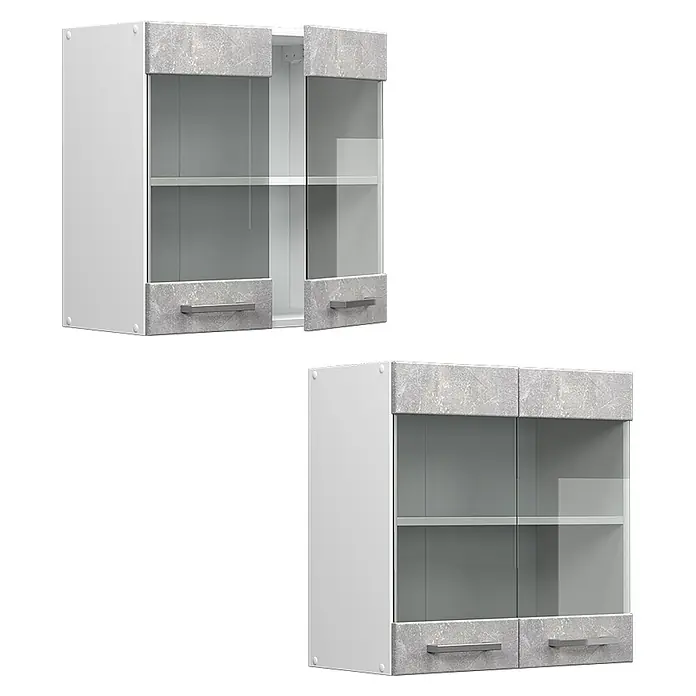 Vicco Schrankküche R-Line Beton - Beton, Hängeglasschrank 60 cm - Zwei weiße Wandschränke mit grauen Strukturpaneelen, Glastüren und Griffen. Der obere Schrank hat eine offene Tür, der untere hat geschlossene Türen.