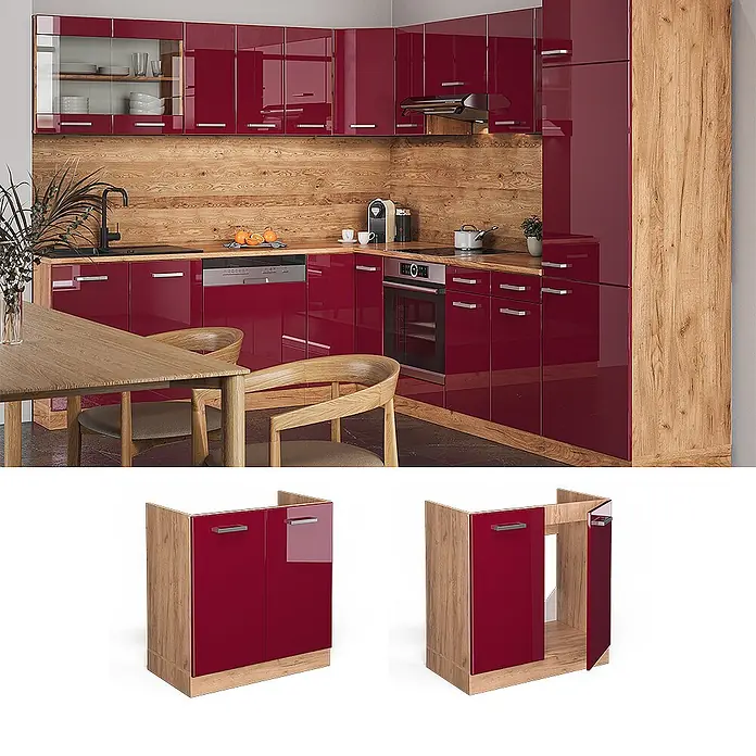 Vicco Schrankküche R-Line Rot Hochglanz ohne Arbeitsplatte - Breite: 80 cm, Rot Hochglanz, Spülenunterschrank 80 cm - Moderne Küche mit glänzend roten Schränken, Holz-Arbeitsplatten und Unterschränken.