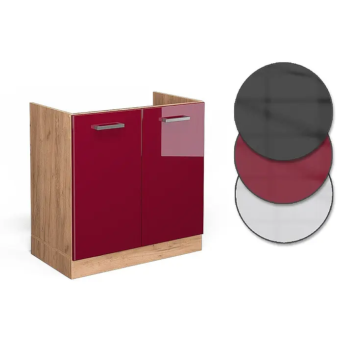 Vicco Schrankküche R-Line Rot Hochglanz ohne Arbeitsplatte - Breite: 80 cm, Rot Hochglanz, Spülenunterschrank 80 cm - Küchenunterschrank mit glänzenden roten Türen und Korpus in Holzoptik, zeigt Farboptionen: Dunkelgrau, Rot, Weiß.
