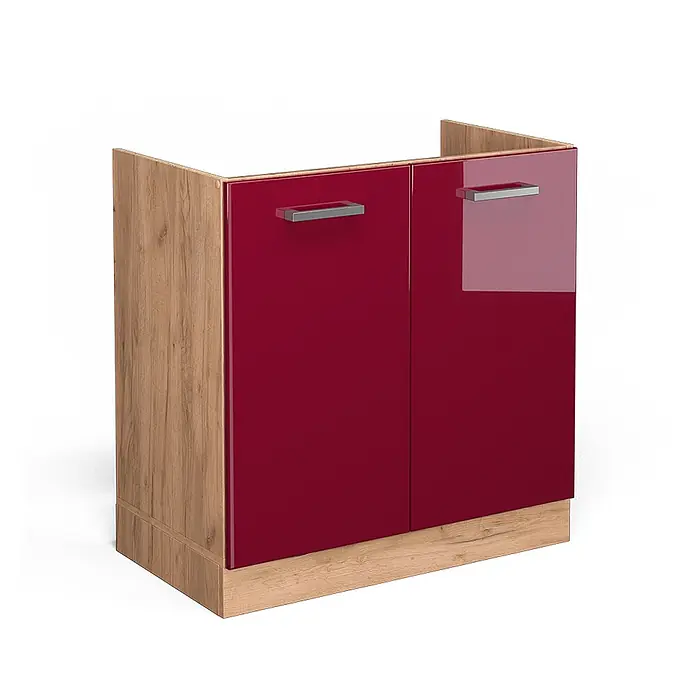 Vicco Schrankküche R-Line Rot Hochglanz ohne Arbeitsplatte - Breite: 80 cm, Rot Hochglanz, Spülenunterschrank 80 cm - Zweitüriger Unterschrank mit glänzenden roten Türen, Holzoptik-Seitenwänden und silbernen Griffen.