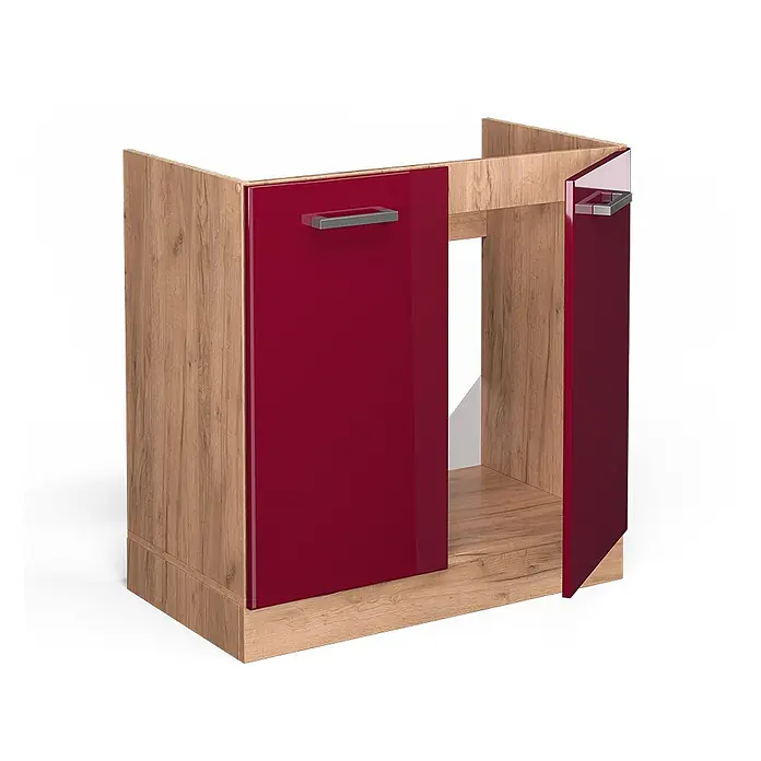 Vicco Schrankküche R-Line Rot Hochglanz ohne Arbeitsplatte - Breite: 80 cm, Rot Hochglanz, Spülenunterschrank 80 cm - Küchenunterschrank für die Ecke mit Holzdekorrahmen und zwei hochglanzroten Türen mit silbernen Griffen.