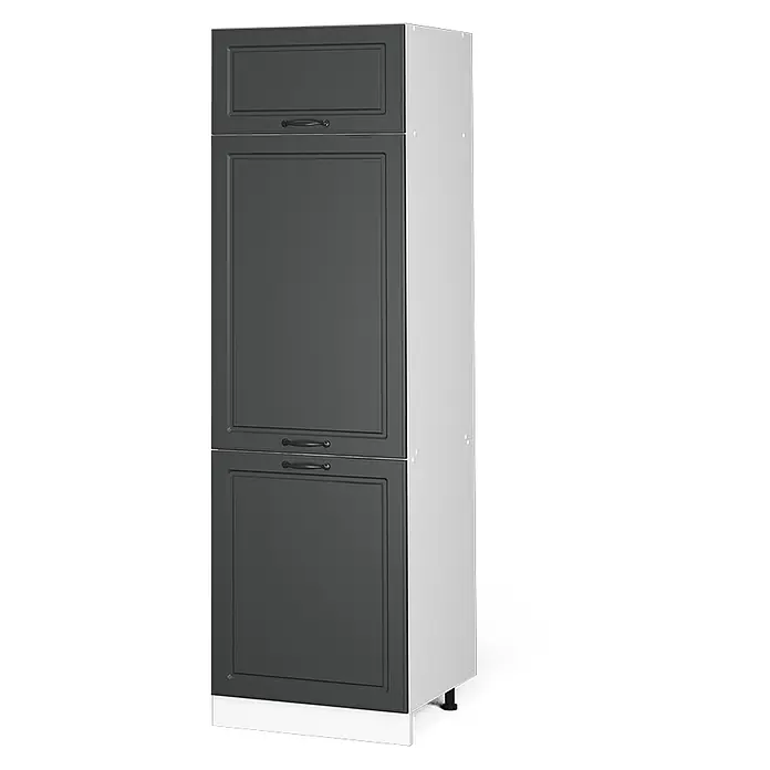 Vicco Schrankküche R-Line Anthrazit Landhaus - Breite: 60 cm, Anthrazit Landhaus, Kühlumbauschrank 60 cm - Hoher dunkelgrauer Küchenschrank mit drei Kassettentüren, schwarzen Griffen und weißer Sockelleiste.