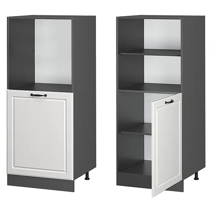 Vicco Schrankküche R-Line Weiß Landhaus - Weiß Landhaus, Backofenumbauschrank 60 cm (halb) - Zwei dunkelgraue Küchenschränke. Einer mit offenem Oberteil und weißer Bodentür; der andere mit Regalen und einer teilweise geöffneten weißen Bodentür.