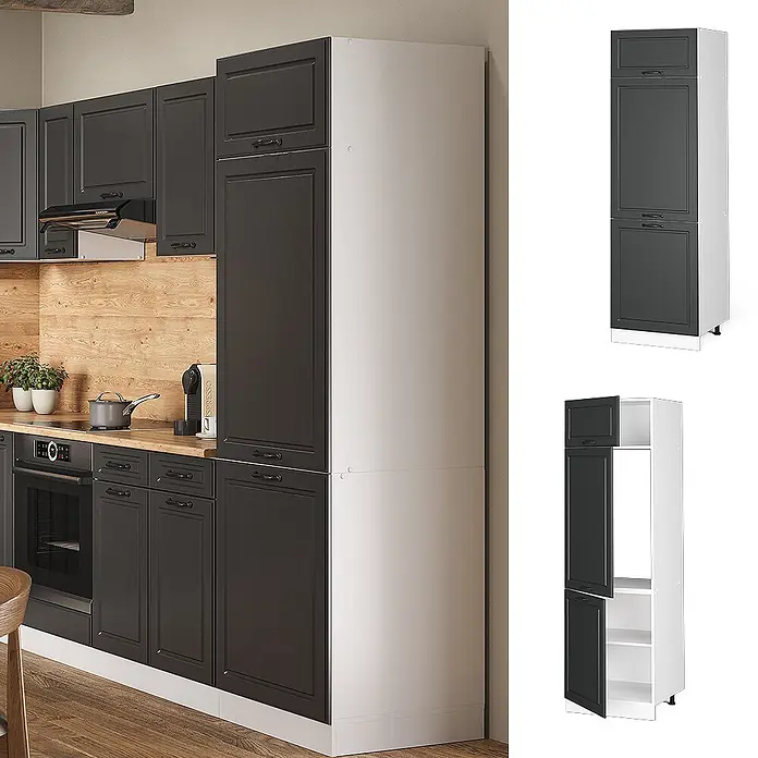 Vicco Schrankküche R-Line Anthrazit Landhaus - Breite: 60 cm, Anthrazit Landhaus, Kühlumbauschrank 60 cm - Hoher weißer Küchenschrank mit dunkelgrauen Paneeltüren, Teil eines modernen Küchensets.