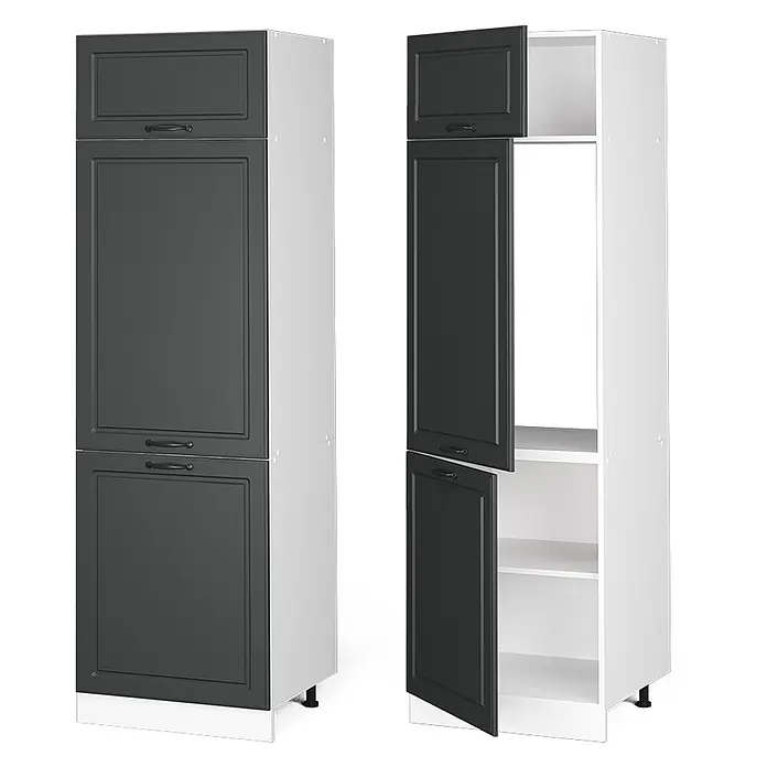 Vicco Schrankküche R-Line Anthrazit Landhaus - Breite: 60 cm, Anthrazit Landhaus, Kühlumbauschrank 60 cm - Zwei hohe Küchenschränke mit dunkelgrauen Rahmentüren und schwarzen Griffen. Einer ist geschlossen, der andere offen mit weißen Einlegeböden.
