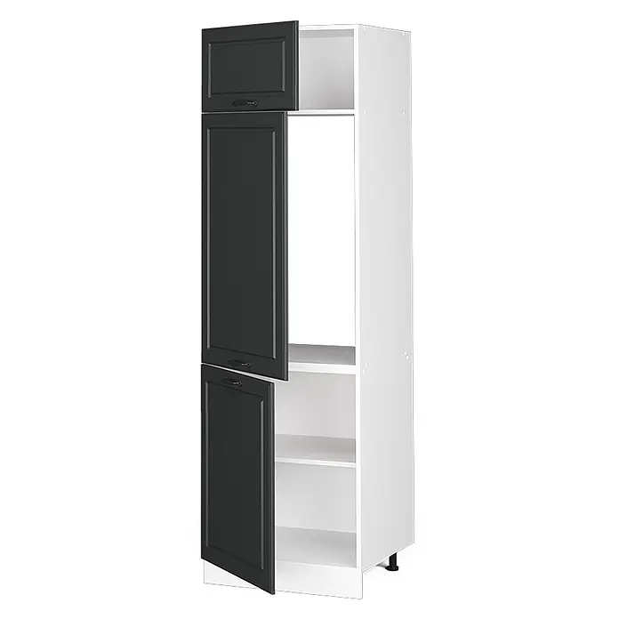 Vicco Schrankküche R-Line Anthrazit Landhaus - Breite: 60 cm, Anthrazit Landhaus, Kühlumbauschrank 60 cm - Hoher Küchenschrank mit weißem Korpus und dunkelgrauen Kassettentüren, teilweise offen, zeigt Fächer und Geräteraum.