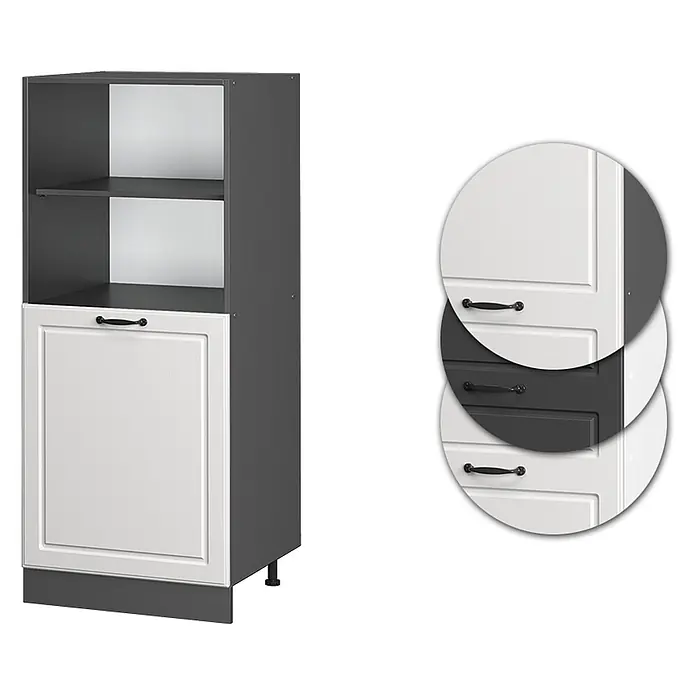 Vicco Schrankküche R-Line Weiß Landhaus - Weiß Landhaus, Backofenumbauschrank 60 cm (halb) - Dunkelgrauer Küchenschrank: weiße Kassettentür, offene Regale und Muster für Schubladenfronten.