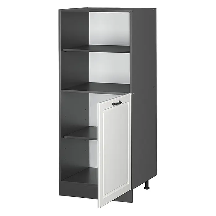 Vicco Schrankküche R-Line Weiß Landhaus - Weiß Landhaus, Backofenumbauschrank 60 cm (halb) - Hoher dunkelgrauer Schrank mit offenen Regalen und einer weißen Kassettentür mit schwarzem Griff, auf verstellbaren Füßen.