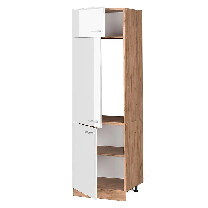 Vicco Schrankküche R-Line Weiß Hochglanz - Weiß Hochglanz, Kühlumbauschrank 60 cm - Hoher Aufbewahrungsschrank in Weiß Hochglanz und Holzoptik mit mehreren Türen und offenen Regalen.