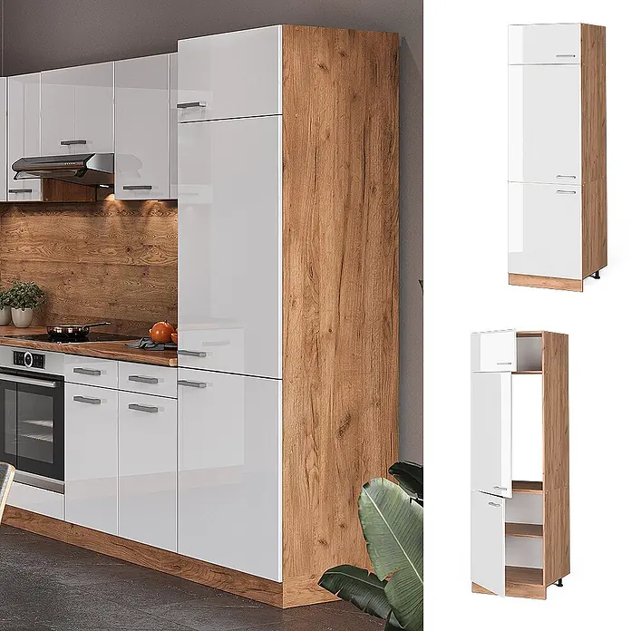 Vicco Schrankküche R-Line Weiß Hochglanz - Weiß Hochglanz, Kühlumbauschrank 60 cm - Weißer Hochglanz Küchenhochschrank mit Holzoptik-Seiten für vielseitigen Stauraum.