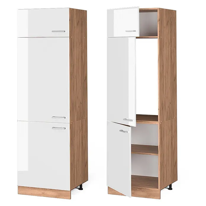 Vicco Schrankküche R-Line Weiß Hochglanz - Weiß Hochglanz, Kühlumbauschrank 60 cm - Hoher Aufbewahrungsschrank mit weißen Hochglanztüren und hellem Holzdekor, geschlossen und geöffnet mit Regalböden.