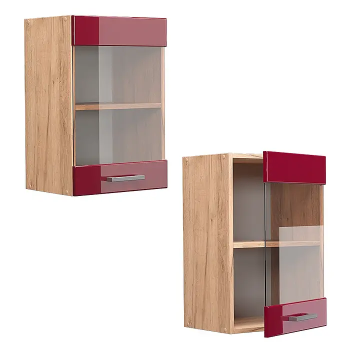 Vicco Schrankküche R-Line Rot Hochglanz - Breite: 40 cm, Rot Hochglanz, Hängeglasschrank 40 cm - Wandschrank in Holzoptik mit hochglanzroten Paneelen, klarer Glastür und silbernem Griff. Mit einem Einlegeboden.