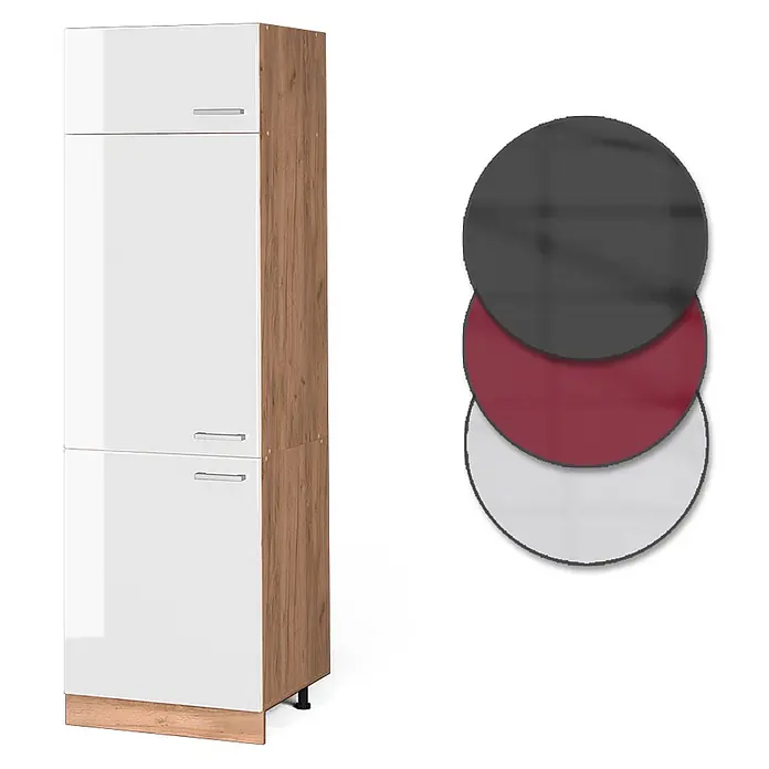 Vicco Schrankküche R-Line Weiß Hochglanz - Weiß Hochglanz, Kühlumbauschrank 60 cm - Hoher Schrank mit glänzenden weißen Türen und Seitenwänden in Holzoptik, mit minimalistischen Metallgriffen.