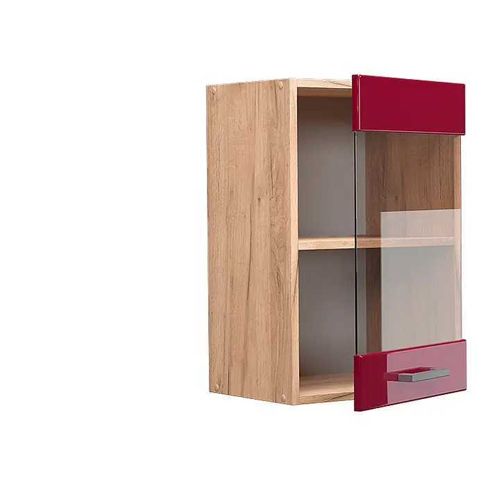Vicco Schrankküche R-Line Rot Hochglanz - Breite: 40 cm, Rot Hochglanz, Hängeglasschrank 40 cm - Hellbrauner Schrank mit roter und Glastür, grauem Griff und Innenregalen.