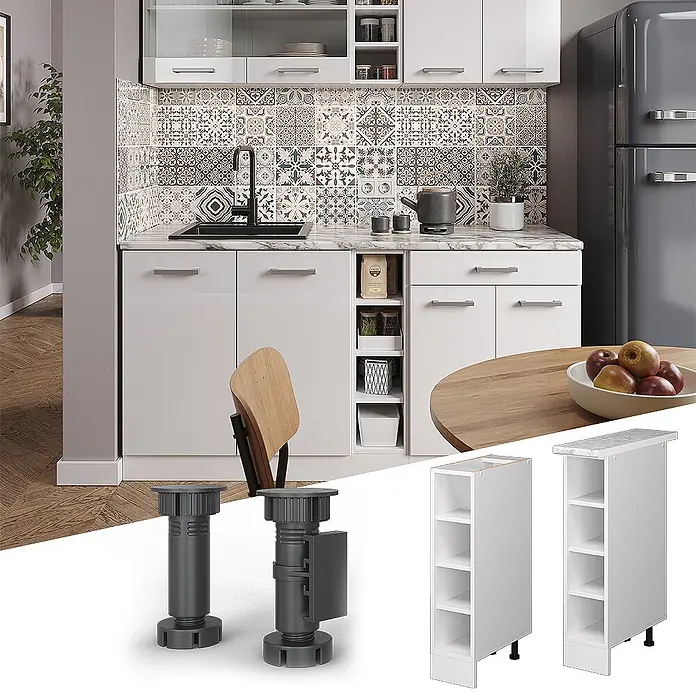Vicco Schrankküche R-Line Weiß ohne Arbeitsplatte - Weiß, Regalunterschrank 20 cm - Weiße Küchenschränke mit schmalem offenen Regal und verstellbaren dunkelgrauen Füßen, gezeigt in einer modernen Küche.
