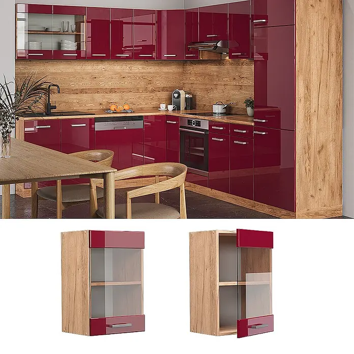 Vicco Schrankküche R-Line Rot Hochglanz - Breite: 40 cm, Rot Hochglanz, Hängeglasschrank 40 cm - Moderne Küche mit glänzend roten Schränken, hellen Holz-Arbeitsplatten und Rückwand, inklusive Einbaugeräten.