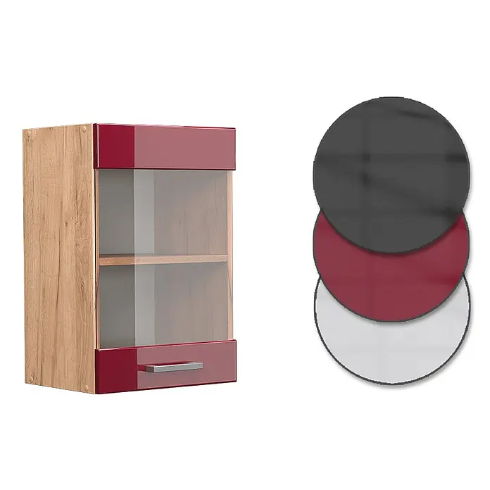 Vicco Schrankküche R-Line Rot Hochglanz - Breite: 40 cm, Rot Hochglanz, Hängeglasschrank 40 cm - Wandschrank mit Holzoptik-Seiten, roter Hochglanzfront, Glastür und Schublade. Farboptionen: Grau, Rot, Weiß.