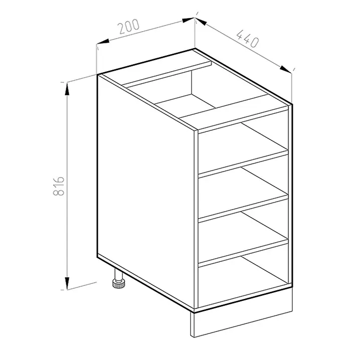 Vicco Schrankküche R-Line Anthrazit ohne Arbeitsplatte - Anthrazit, Regalunterschrank 20 cm - Technische Zeichnung eines Küchenunterschranks, 200x440x816mm, mit offenen Fächern, Sockel und verstellbaren Füßen.