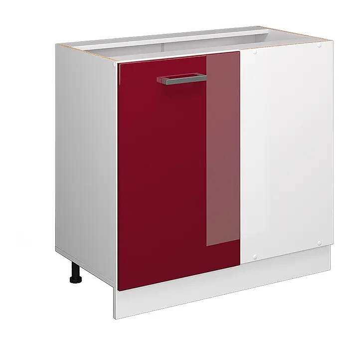 Vicco Schrankküche R-Line Rot Hochglanz ohne Arbeitsplatte - Breite: 86 cm, Rot Hochglanz, Eckunterschrank 86 cm - Roter und weißer Küchenunterschrank mit Metallgriff und Sockel.