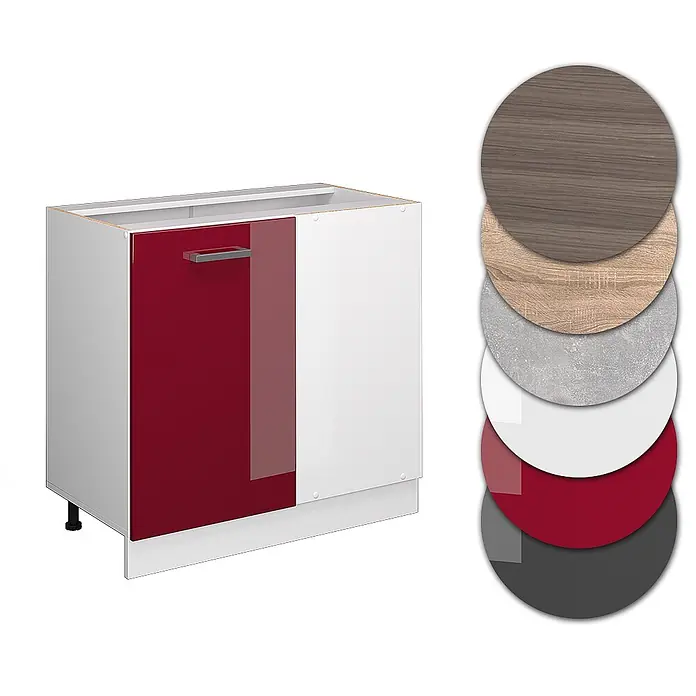 Vicco Schrankküche R-Line Rot Hochglanz ohne Arbeitsplatte - Breite: 86 cm, Rot Hochglanz, Eckunterschrank 86 cm - Küchenunterschrank mit roten und weißen Türen, Griff, und verschiedenen Farb-/Materialmustern.