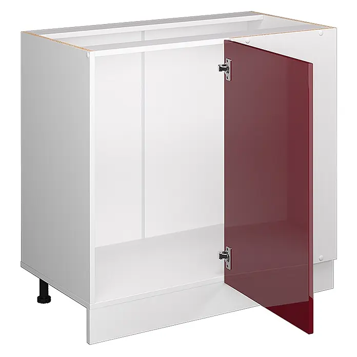 Vicco Schrankküche R-Line Rot Hochglanz ohne Arbeitsplatte - Breite: 86 cm, Rot Hochglanz, Eckunterschrank 86 cm - Weißer Unterschrank mit offener, glänzender dunkelroter Tür, Innenansicht, verstellbare Füße.