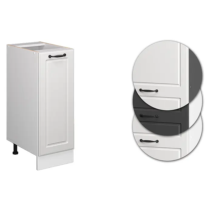Vicco Schrankküche R-Line Weiß Landhaus ohne Arbeitsplatte - Weiß Landhaus, Apothekerunterschrank 30 cm - Weißer Küchenunterschrank mit Paneeltür, schwarzem Griff und verstellbaren Füßen. Erhältlich in Weiß und Dunkelgrau.