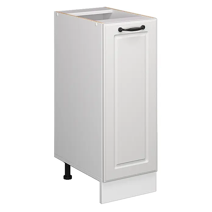 Vicco Schrankküche R-Line Weiß Landhaus ohne Arbeitsplatte - Weiß Landhaus, Apothekerunterschrank 30 cm - Weißer Unterschrank mit Kassettentür, schwarzem Griff und Sockel. Mit verstellbaren Beinen.