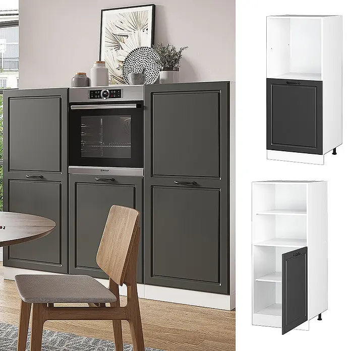 Vicco Schrankküche R-Line Anthrazit Landhaus - Anthrazit Landhaus, Backofenumbauschrank 60 cm (halb) - Dunkelgraue Küchenschränke mit weißem Rahmen, als Hochschrank mit integriertem Backofen konzipiert.
