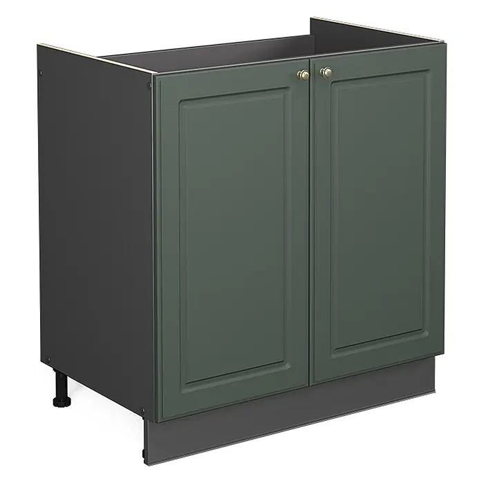 Vicco Schrankküche Fame-Line Grün-Gold Landhaus ohne Arbeitsplatte - Grün-Gold Landhaus, Spülenunterschrank 80 cm - Dunkelgrüner Unterschrank mit zwei Kassettentüren, goldenen Griffen, dunkelgrauen Seitenwänden und Sockelblende.