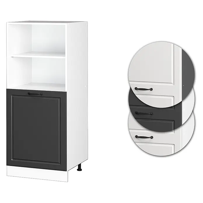 Vicco Schrankküche R-Line Anthrazit Landhaus - Anthrazit Landhaus, Backofenumbauschrank 60 cm (halb) - Weißes Aufbewahrungsmöbel mit zwei offenen Fächern und einer dunkelgrauen Schranktür mit schwarzem Griff. Zeigt weiße und graue Türvarianten.