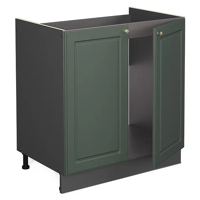 Vicco Schrankküche Fame-Line Grün-Gold Landhaus ohne Arbeitsplatte - Grün-Gold Landhaus, Spülenunterschrank 80 cm - Dunkelgrüner Unterschrank mit zwei Türen, goldenen Griffen und dunkelgrauem Korpus. Eine Tür steht leicht offen.