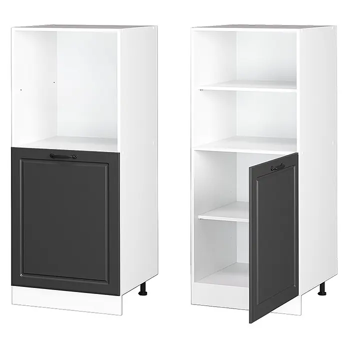 Vicco Schrankküche R-Line Anthrazit Landhaus - Anthrazit Landhaus, Backofenumbauschrank 60 cm (halb) - Hohe weiße Küchenschränke mit dunkelgrauen Kassettentüren, teils offenen Regalen.