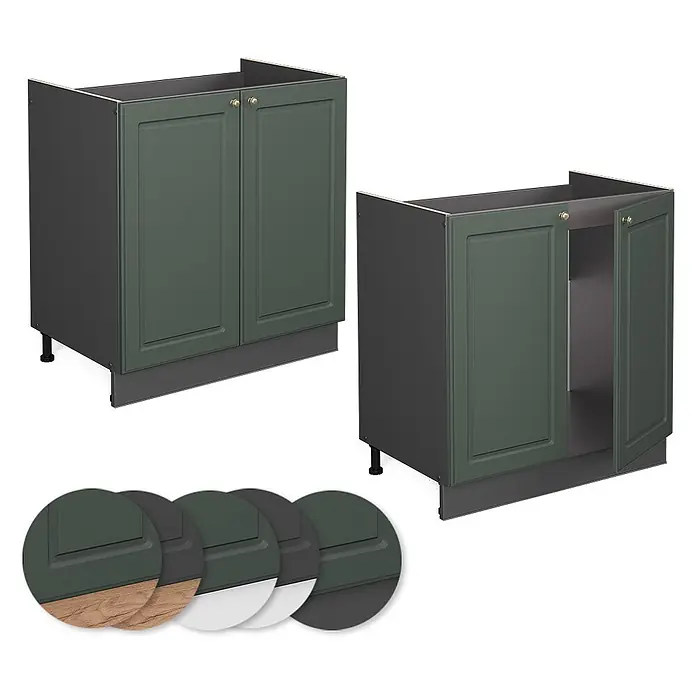 Vicco Schrankküche Fame-Line Grün-Gold Landhaus ohne Arbeitsplatte - Grün-Gold Landhaus, Spülenunterschrank 80 cm - Zwei dunkelgrüne Küchenunterschränke mit dunkelgrauen Rahmen und Sockeln. Einer geschlossen, einer mit geöffneten Türen, Innenraum sichtbar.