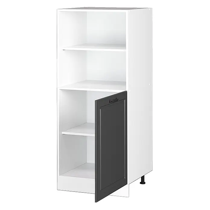 Vicco Schrankküche R-Line Anthrazit Landhaus - Anthrazit Landhaus, Backofenumbauschrank 60 cm (halb) - Weißer Küchenschrank mit Regalböden und teilweise geöffneter dunkelgrauer Tür mit Griff. Mit verstellbaren schwarzen Füßen.