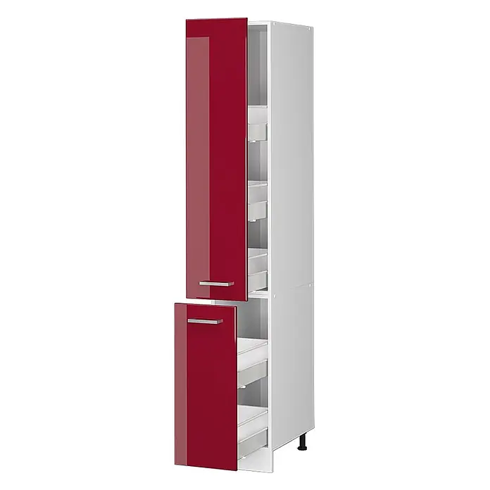 Vicco Schrankküche R-Line Rot Hochglanz - Rot Hochglanz, Apothekerhochschrank 30 cm - Hoher glänzender roter Küchenschrank mit weißem Innenraum, dessen zwei Türen ausziehbare Schubladen zeigen.