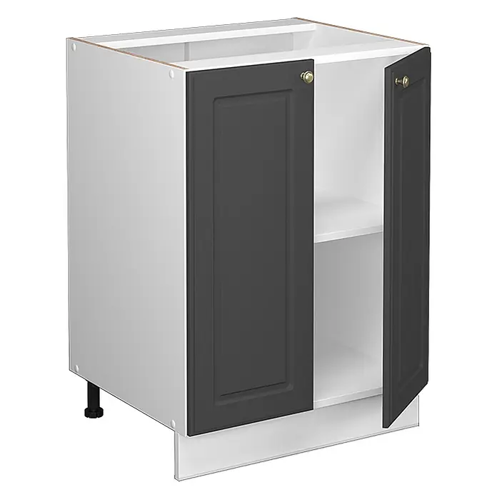 Vicco Schrankküche Fame-Line Anthrazit-Gold, AP Anthrazit - Anthrazit-Gold Landhaus, Unterschrank 60 cm, AP Anthrazit - Weißer Küchenunterschrank mit zwei dunkelgrauen Türen, Messingknöpfen, weißen Einlegeböden und verstellbaren Füßen mit Sockelblende.