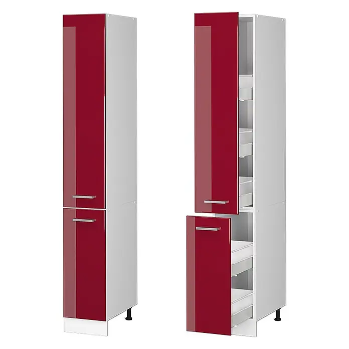 Vicco Schrankküche R-Line Rot Hochglanz - Rot Hochglanz, Apothekerhochschrank 30 cm - Hoher, rot-weißer Hochglanzschrank mit silbernen Griffen, geschlossen und offen mit Auszügen gezeigt.