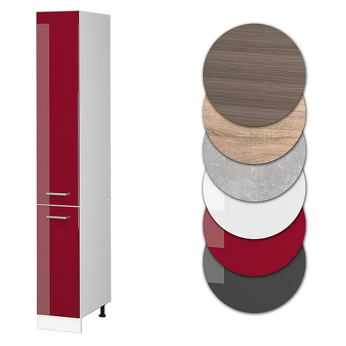 Vicco Schrankküche R-Line Rot Hochglanz - Rot Hochglanz, Apothekerhochschrank 30 cm - Hoher Schrank mit glänzenden roten Türen und grauen Seiten, mit verschiedenen Material- und Farboptionen.