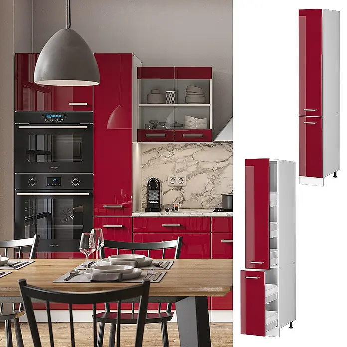 Vicco Schrankküche R-Line Rot Hochglanz - Rot Hochglanz, Apothekerhochschrank 30 cm - Moderne Küche mit hochglänzenden roten Schränken, integrierten Öfen und Essbereich. Separate Hochschränke sind abgebildet.