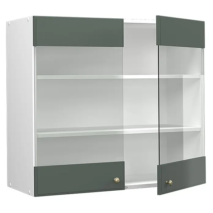 Vicco Schrankküche Fame-Line Grün-Gold Landhaus - Grün-Gold Landhaus, Hängeglasschrank 80 cm - Weißer Wandschrank mit zwei dunkelgrauen und gläsernen Türen, goldfarbenen Griffen. Rechte Tür leicht geöffnet.
