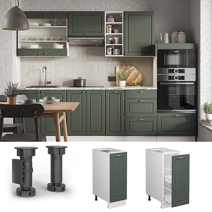 Vicco Schrankküche Fame-Line Grün-Gold Landhaus, AP Eiche - Grün-Gold Landhaus, Apothekerunterschrank 30 cm, AP Eiche - Dunkelgrünes modulares Küchenschranksystem mit verstellbaren Beinen, integrierten Geräten und ausziehbarem Vorratsschrank.