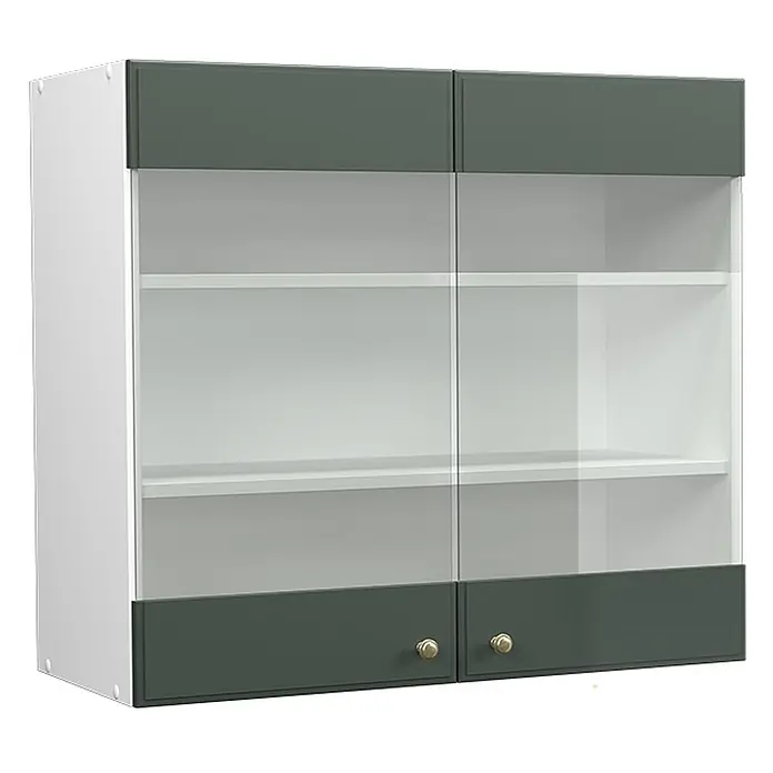 Vicco Schrankküche Fame-Line Grün-Gold Landhaus - Grün-Gold Landhaus, Hängeglasschrank 80 cm - Wandschrank mit zwei Glastüren, dunkelgrauen oberen und unteren Paneelen, weißen Regalböden und goldenen Knöpfen.